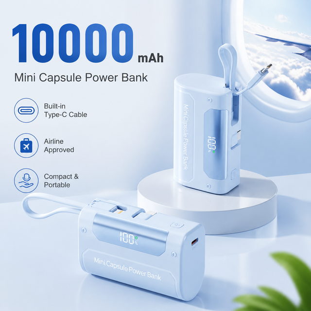 10000 MAh Retractable Built-in Type-C Cable, Electroplating Craft, Compact Portable, Airline Approved Power Bank Pour Téléphone