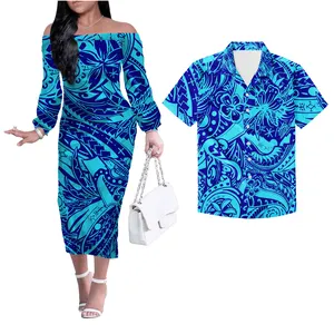Großhandel express kleid shirts frauen-Lady Dress 2021 Samoan Tattoo Polynesian Tribal Print Stoffe Ein Schulter kleid Kurzarm Mädchen Lange Kleider Match Herren Shirt