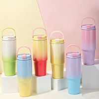 Bouteille d'eau isotherme en acier inoxydable 30OZ avec logo personnalisé, dégradé de couleurs, pour l'été, tasses à café, gobelet avec paille et poignée portable