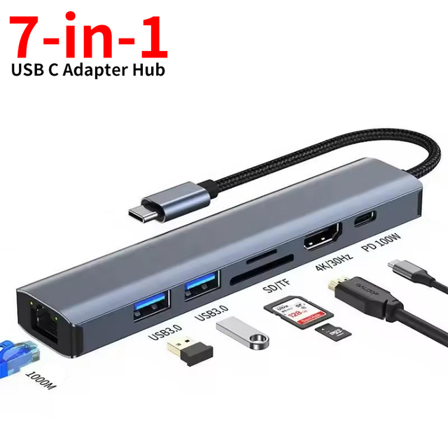7-in-1 USB-C Expander Docking Station with for 2.1 4K Gigabit RJ45 PD 100W Charging Metal for MacBook (Stock)