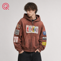 Sweat-shirt à capuche zippé pour homme OEM, style Americana Road Trip, avec badge DTG, appliqué, rivets métalliques, strass, délavé rouge brique, effet vieilli
