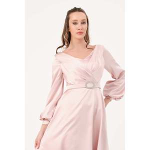 Chemise élégante pour femme DANS, couleur rose poudré unie, manches longues, col rond, coupe classique, pour toutes les saisons - Product Image 3