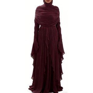 เดรสยาวทรงดินสอผ้าทอธรรมชาติสีพื้นสำหรับผู้หญิง คอแบบผูก สายเดี่ยว แต่งระบายแขนสไตล์วินเทจ และกระโปรงทรงระบายเป็นชั้นๆ - Product Image 3