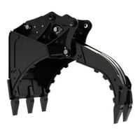 Godet grappin hydraulique pour excavatrice, style pouce, à mâchoires crantées, dents orange, pour la manutention de débris, de grumes et de roches, noir