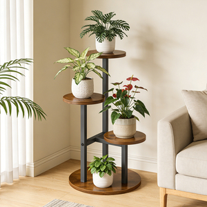 3단 목재 및 금속 화분 스탠드, 소박한 스타일의 바닥형 화분 받침대 (실내, 가정, 발코니용) - Product Image 3