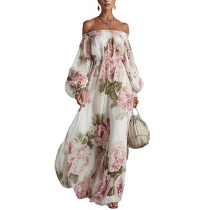 Vestido Midi Bohemio de Gasa con Hombros Descubiertos, Estampado Floral y Cintura Fruncida para Mujer, Ideal para <span class=keywords><strong>Vacaciones</strong></span> de Verano - Product Image 5