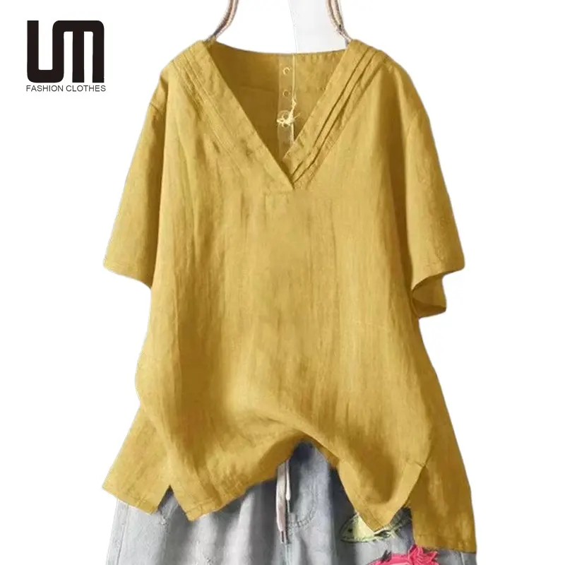 أحدث منتجات ليوو مينغ 2024 ملابس نسائية كلاسيكية موضة الصيف قميص تي شيرت كاجوال أنيق بلون موحد