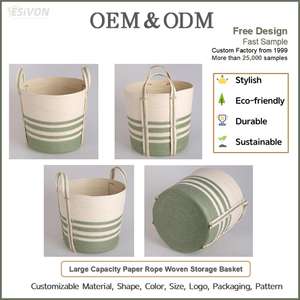 Panier à linge en corde de papier écologique, rayé vert nordique, grand, multifonctionnel pour l'organisation et la décoration de la maison, vente en gros, personnalisable - Product Image 2