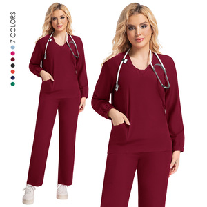 Korean Style Scrub Suit Set Long Sleeve Unisex Hospital Uniform Moisture Wicking Knitted Split Set - Product Image 1