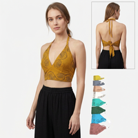 Tank Top Wanita 100% Katun Model Halter Bohemian Bordir Bernapas Gaya Tenun Pendek Vintage Cepat Kering Pilihan Multiwarna