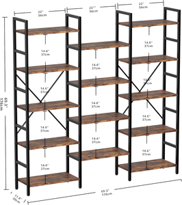 Estantería Industrial Triple Ancha de 5 Niveles, 14 Estantes Abiertos, Estructura Metálica Marrón Vintage, Librería Etagere para Sala de Estar - Product Image 4