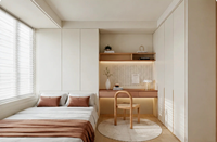 Ensemble de chambre à coucher moderne en bois intégré avec armoire murale complète, bureau et étagère de présentation pour appartements et petites chambres - Rangement écologique et durable