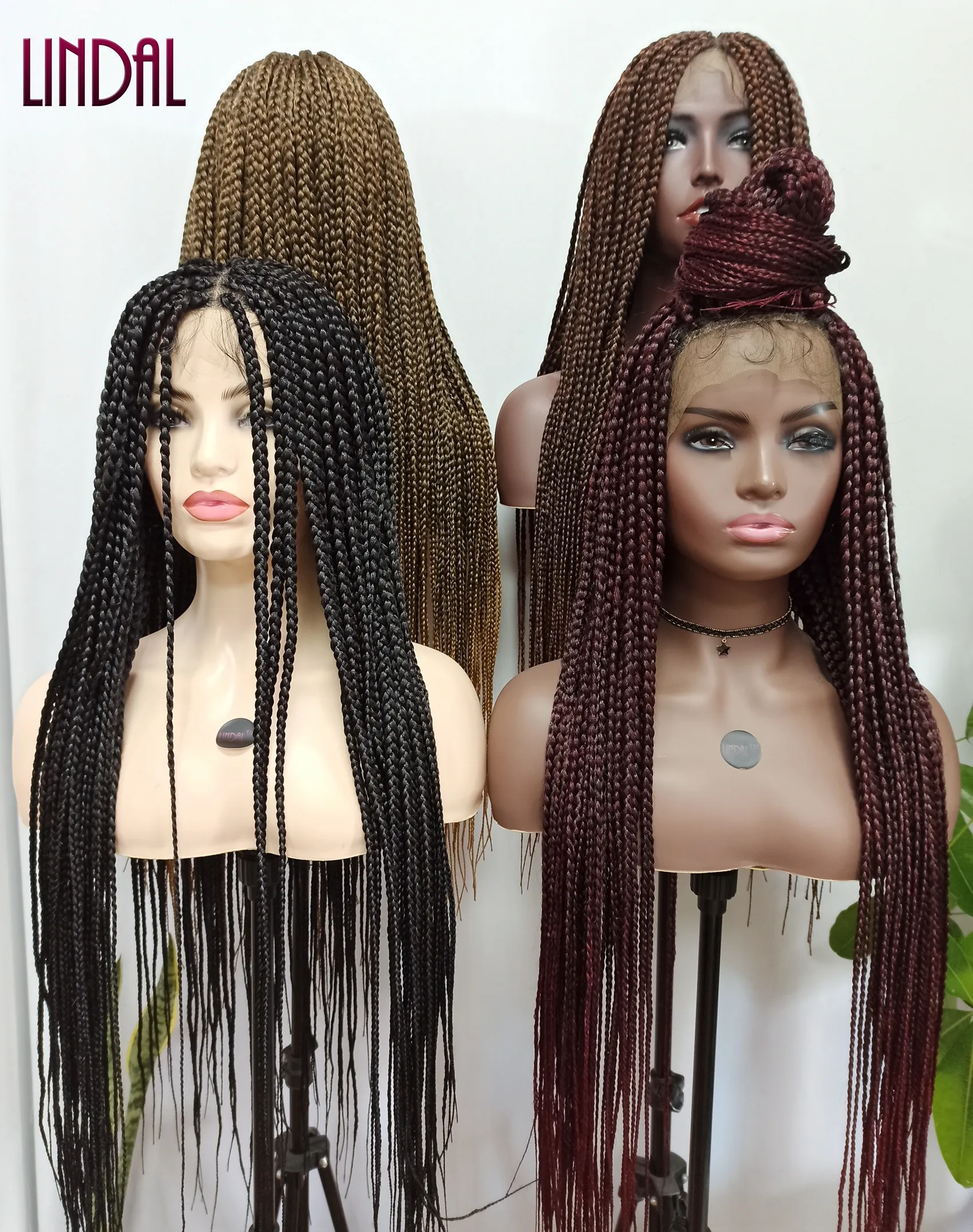 LINDAL Cheap Long Box Braided Full Lace 32" Handmade HD Glueless African Braided Wig with Baby Hair for black women