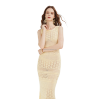 Robe Bohème en Laine pour Femme, Robe Tricotée Beige en Viscose Sans Manches