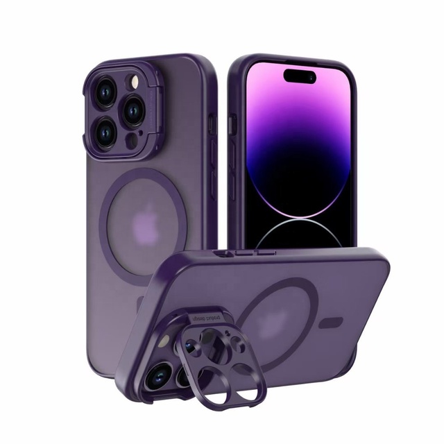 New Phone Case With Holder for Magnetic Cell Phone Case for iPhone 14 15 Pro Max Shockproof Lens Protection Stand Hard PC Cover