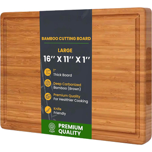 16x11x1 인치 탄화 대나무 주방 도마 샤퀴테리 치즈 트레이 고기 도마 주스 홈이 있는 측면 손잡이 - Product Image 1