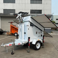 Tour d'éclairage solaire LED mobile portable avec 4 projecteurs de 150W, mât télescopique de 7m, tour d'éclairage montée sur remorque