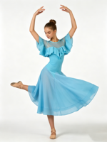 Robe de danse latine bleu clair à volants et manches flottantes, dos ouvert en maille transparente, jupe fluide en mousseline, costume pour femme adulte