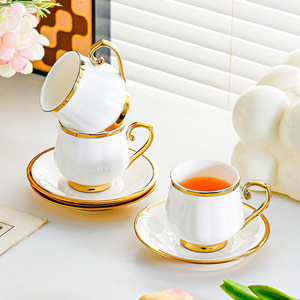 Ceramic <b>Teacup</b> <b>And</b> <b>Saucer</b> <b>Set</b> With Gold Trim 6 Piece For Afternoon Tea Home Use - Product Image 4