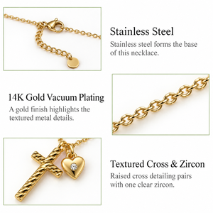 Textured Cross and Heart Pendant Necklace Stainless Steel 14K <b>Gold</b> Vacuum Plated Zircon <b>Gold</b> Silver Color Options - Product Image 2