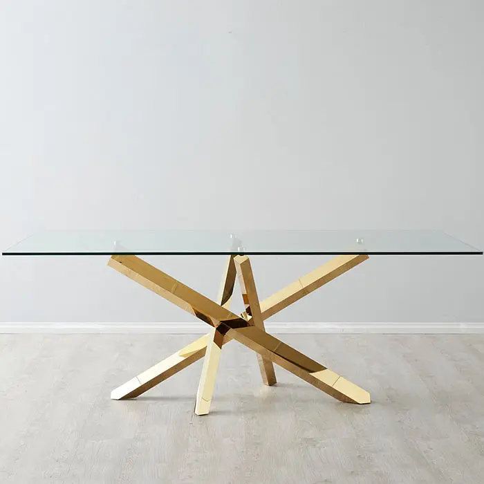 Table de salle à manger de luxe, forme rectangle, en verre et acier inoxydable, table moderne, haute qualité, livraison gratuite