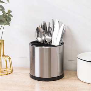 Stainless Steel Round Cutlery Holder With Compartment Kitchen Organizer Spatula Storage Bucket For Utensils - Product Image 2