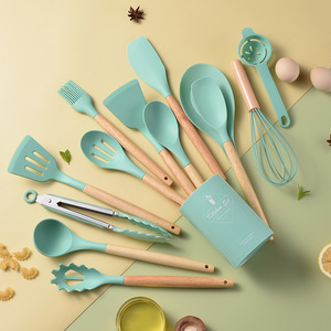Ensemble d'ustensiles de cuisine en silicone écologique résistant à la chaleur, 14 pièces, poignées en <span class=keywords><strong>bois</strong></span>, compatible lave-vaisselle/micro-ondes/<span class=keywords><strong>four</strong></span> - Product Image 4
