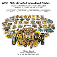 Patchs brodés motif Vache des Highlands et Tournesol, thermocollants et à coudre, assortiment de 50 styles, thème Western Cowboy, pour vêtements, chapeaux, sacs et décoration DIY