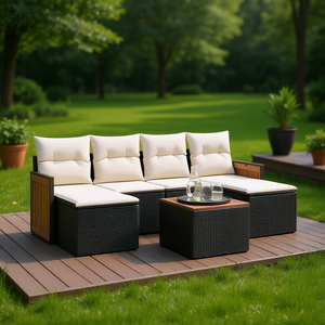 Conjunto de sofá de jardín de ratán blanco crema y negro, 4 plazas, muebles de exterior, diseño contemporáneo, resistente a la intemperie, estructura de madera de teca - Product Image 2