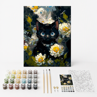 Kit Lukisan Cat Akrilik Berbingkai Motif Kucing Hitam dan Bunga untuk Dewasa Pemula, Dekorasi Dinding 40x50cm