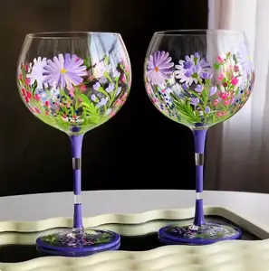 2024新设计水晶玻璃手绘花朵玻璃高脚杯复古清爽风格酒杯