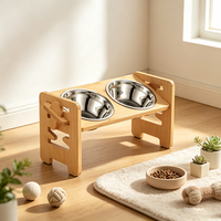 Support mural élégant et écologique pour gamelles de chat en bambou avec 2 gamelles en acier – Décoration moderne pour la maison
