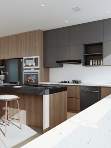 Meubles <span class=keywords><strong>de</strong></span> <span class=keywords><strong>cuisine</strong></span> gris bicolores à étagères ouvertes avec îlot <span class=keywords><strong>de</strong></span> <span class=keywords><strong>cuisson</strong></span> intégré - Solutions <span class=keywords><strong>de</strong></span> rangement contemporaines pour la <span class=keywords><strong>cuisine</strong></span> à domicile - Product Image 6