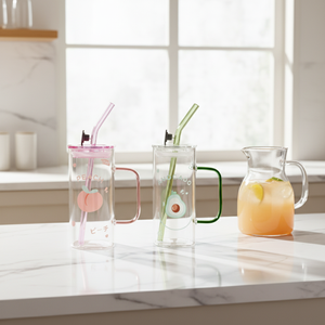 Mug en verre à motif <span class=keywords><strong>de</strong></span> fruits 450 ml avec poignée et paille en verre, tasse à boire en borosilicate pour jus - Product Image 6