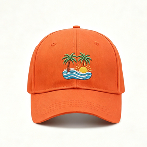 Gorra de Béisbol de Algodón Lavado Naranja con Bordado de Palmera Tropical al Atardecer, Unisex, Ajustable, para Actividades al Aire Libre de Verano - Product Image 1