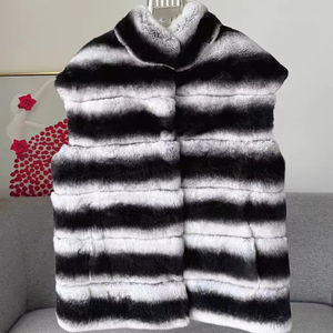 Rayure <span class=keywords><strong>Noir</strong></span> <span class=keywords><strong>et</strong></span> <span class=keywords><strong>Blanc</strong></span> Vêtements D'hiver Totoro Couleur Rex Fourrure De Lapin <span class=keywords><strong>Gilet</strong></span> Court avec Col Montant - Product Image 1