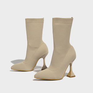 XSD Nouvelle Collection Bottines Nude à Talon Gobelet, Tricotées, Pointues, pour l'extérieur, en Promotion - Product Image 5