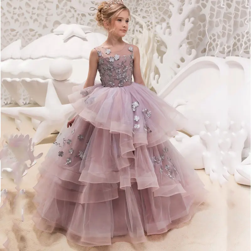 CQDY Floor Length Ball Gown Pageant Big Girl Flower Embroidery Princess Luxury Puffy Tulle Dress Flower Girls Prom Party