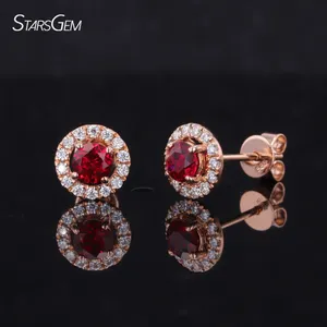 Starsgem Fine Jewelry 14K Rose Gold Earrings Classic Halo Style Stud Lab Grown Ruby Gemstone With Moissanite Diamond Studs