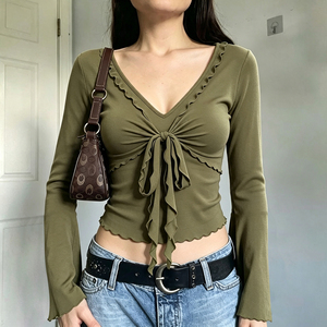 Women's <b>Crop</b> Layered Long Sleeve Breathable Knitted <b>Top</b> Sheer Insert Tie Front Flared Cuff Soft Casual Streetwear Blouse - Product Image 6