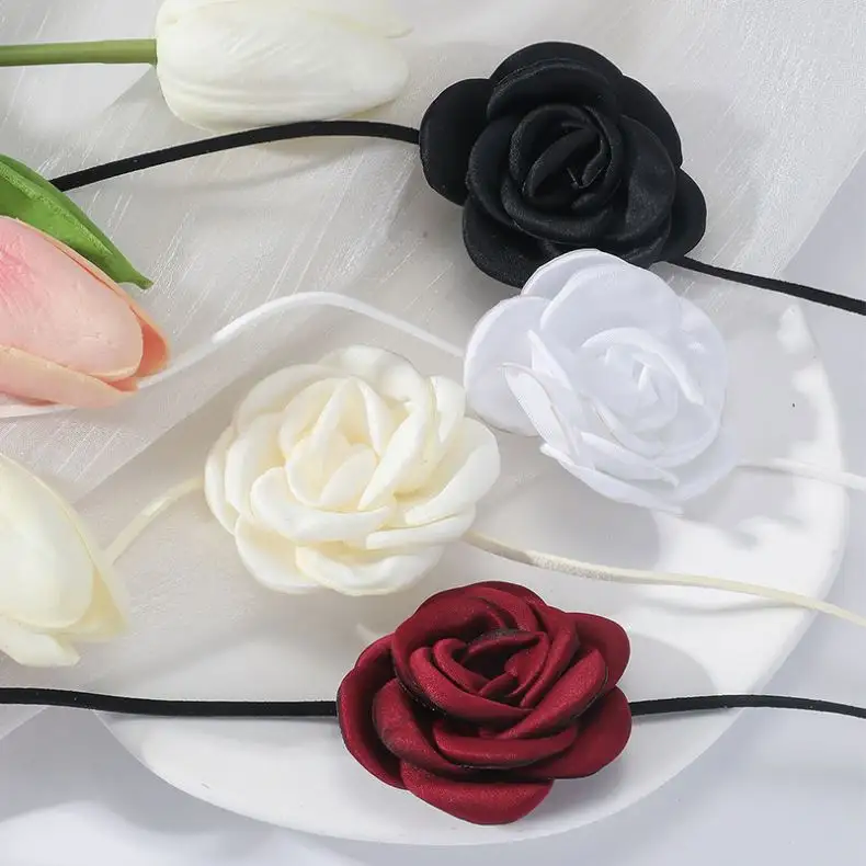 अतिरंजित काला सफेद रंग बड़ा गुलाब का फूल चोकर हार महिला गॉथ ब्लैक वेलवेट वीव नॉटेड बोनॉट पार्टी कॉलर