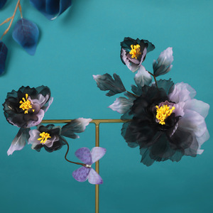 Nouvelle pince à cheveux Hanfu 2024, design original fait main, style antique, haut de gamme, motif pivoine en feuille, coloris noir et violet - Product Image 1
