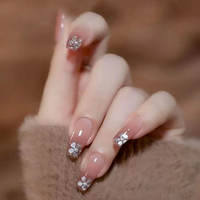 Uñas postizas artificiales de almendra con diseño de flor 3D y puntos negros, hechas a mano, de buena calidad, para dedos.