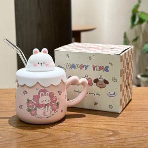 Cherry Blossom Rabbit Mug With Lid And Straw <b>Pink</b> Cartoon Design For Home Office Gift Spring 2025 - Product Image 1