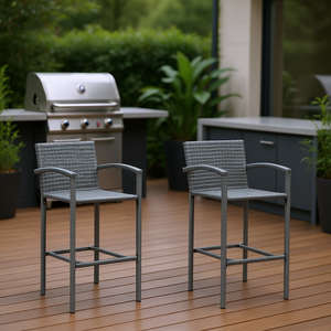 Tabourets de bar en rotin et acier thermolaqué gris, modernes et contemporains, durables, avec base en métal, pour usage commercial extérieur - Product Image 2