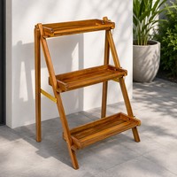 Support à plantes en bois d'acacia à 3 niveaux, étagère de présentation, support à fleurs moderne minimaliste pliable, finition huile de teck pour l'intérieur