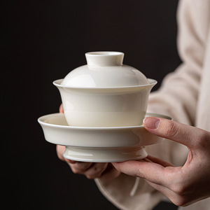 Apricot White Porcelain Gaiwan <b>Teacup</b> Handmade Three Piece Bowl High Footed Single Anti Scalding Kung Fu Tea Set - Product Image 2