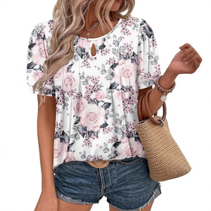 Dropshipping Shopify Blusa Túnica Casual de Verano para Mujer, Tallas Grandes, Estampado Floral, Cuello Redondo, Manga Corta, Fruncida - Product Image 1
