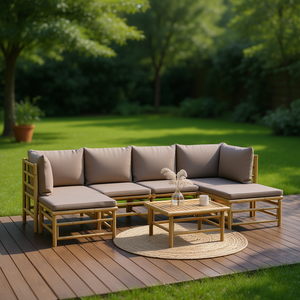 Set Lounge da Giardino Taupe con Struttura in Bambù, 100% Poliestere, Arredamento da Esterno 6 Posti, Stile Tropicale, Resistente alle Intemperie - Product Image 2