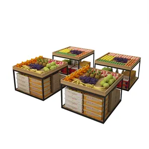 超市堆垛货架钢木水果展示架百果园堆垛架两层展示架木制